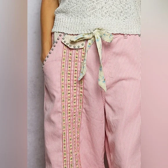 NEW Pol Double Gauze Lace Floral Trim Buckle Back Pants Drawstring Pink Stripe - Picture 11 of 12